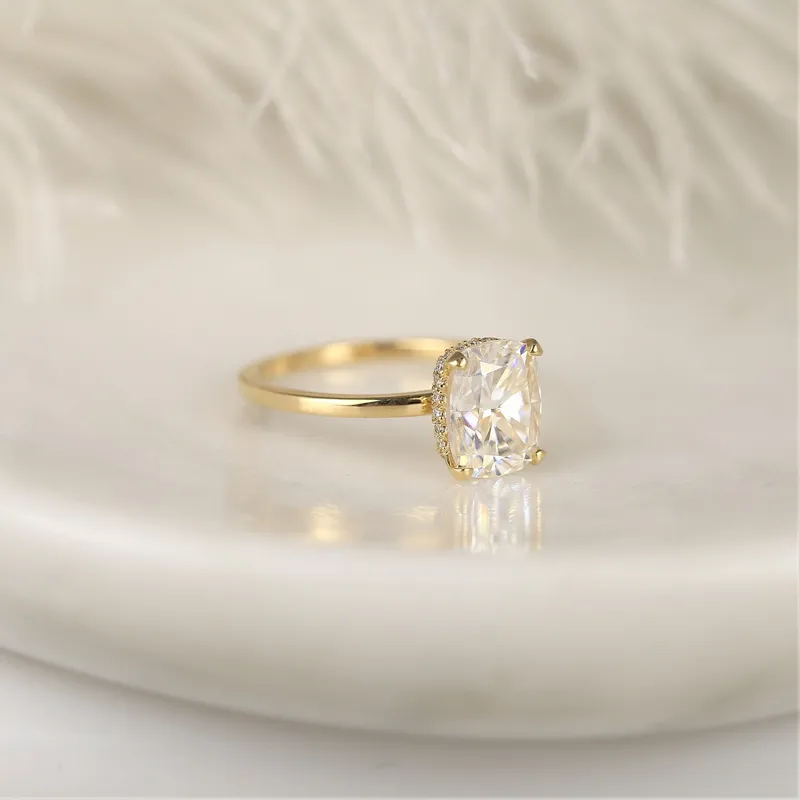 2.30ct LOW Tansy 9x7mm 14kt Gold Moissanite Diamond Cushion Hidden Halo Ring diamond cushion cut engagement ring