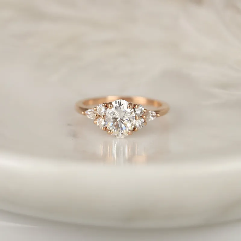 1.50ct Thea 8x6mm 14kt Rose Gold Moissanite Diamond Unique Cluster Ring diamond oval cut engagement ring