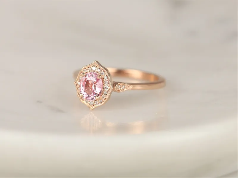 0.92ct Ready to Ship Mae 14kt Rose Gold Peach Blush Champagne Sapphire Diamond Oval Halo Ring vy 7