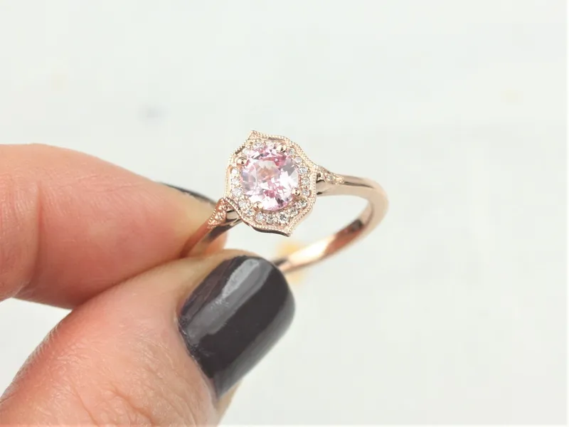 0.92ct Ready to Ship Mae 14kt Rose Gold Peach Blush Champagne Sapphire Diamond Oval Halo Ring vy 3