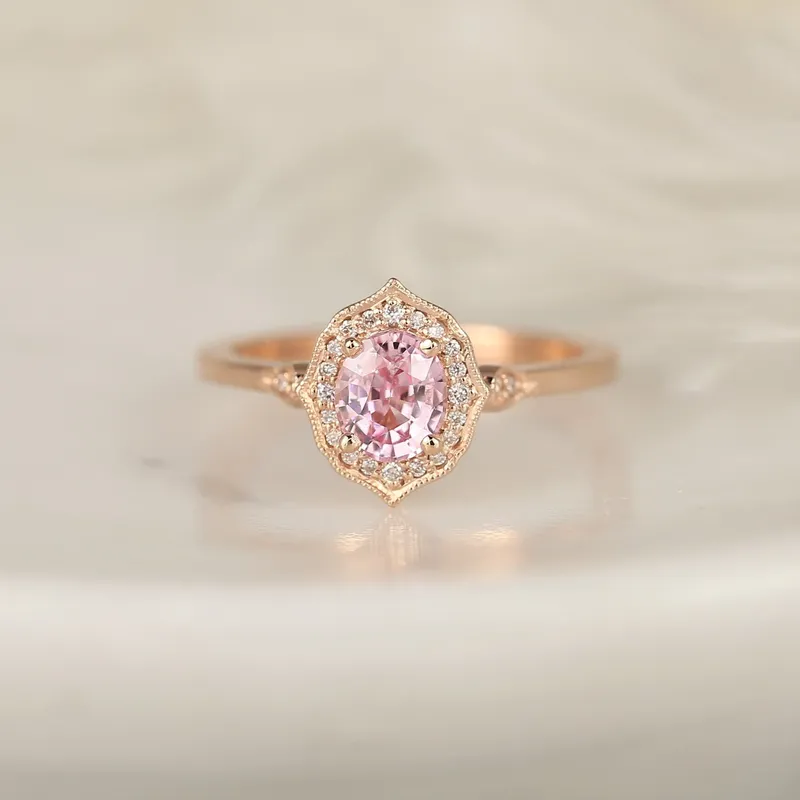 0.92ct Ready to Ship Mae 14kt Rose Gold Peach Blush Champagne Sapphire Diamond Oval Halo Ring vy 2