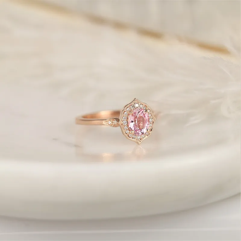 0.92ct Ready to Ship Mae 14kt Rose Gold Peach Blush Champagne Sapphire Diamond Oval Halo Ring peach sapphire oval cut engagement ring