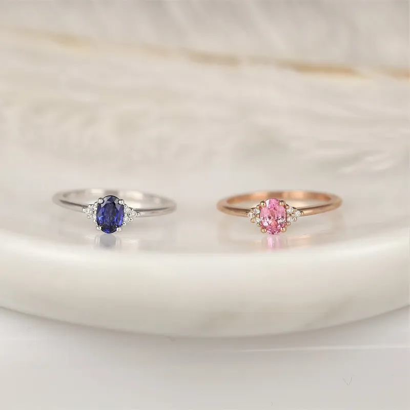 Juniper 6x4mm 14kt Gold Blue Sapphire Diamonds Dainty Oval Cluster Ring vy 6