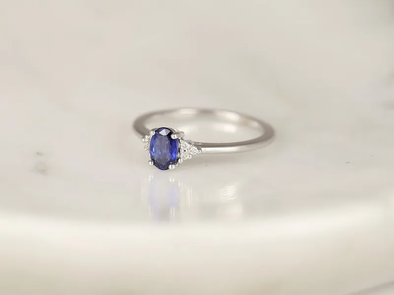 Juniper 6x4mm 14kt Gold Blue Sapphire Diamonds Dainty Oval Cluster Ring vy 5