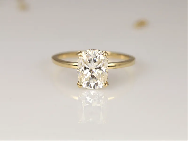 2.30ct LOW Tansy 9x7mm 14kt Gold Moissanite Diamond Cushion Hidden Halo Ring view 6