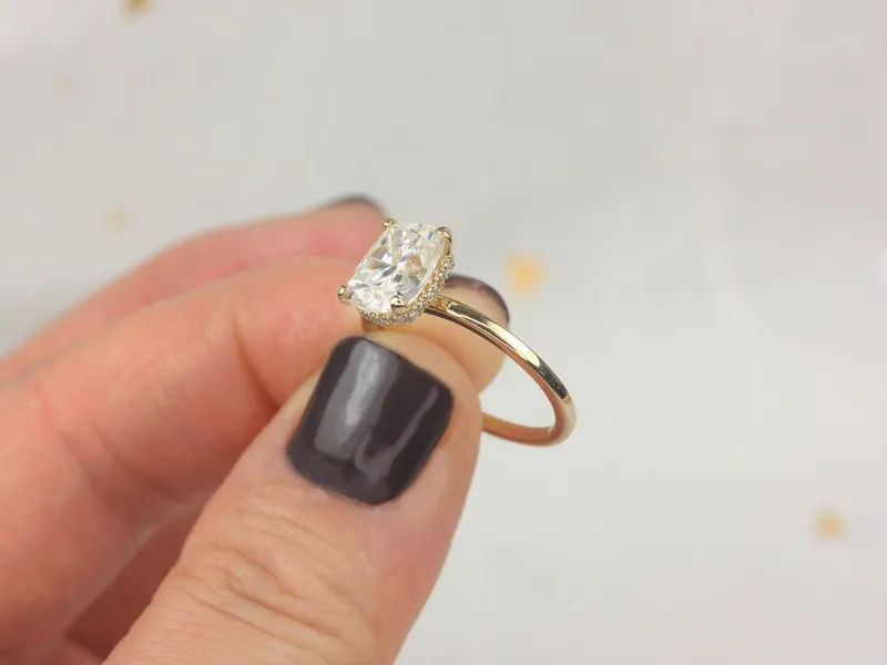 2.30ct LOW Tansy 9x7mm 14kt Gold Moissanite Diamond Cushion Hidden Halo Ring view 3