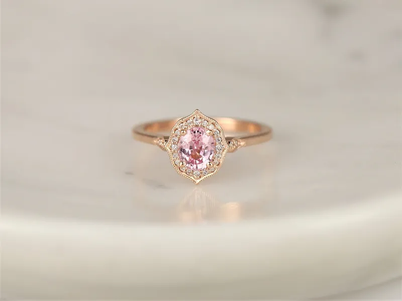 0.92ct Ready to Ship Mae 14kt Rose Gold Peach Blush Champagne Sapphire Diamond Oval Halo Ring vy 6