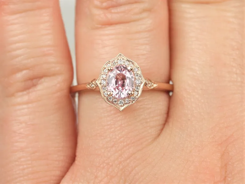 0.92ct Ready to Ship Mae 14kt Rose Gold Peach Blush Champagne Sapphire Diamond Oval Halo Ring vy 5