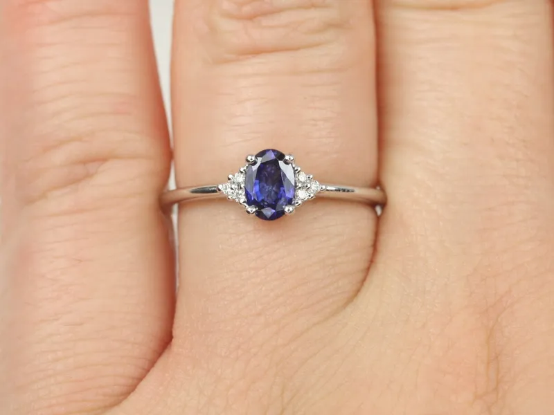 Juniper 6x4mm 14kt Gold Blue Sapphire Diamonds Dainty Oval Cluster Ring blue sapphire oval cut engagement ring