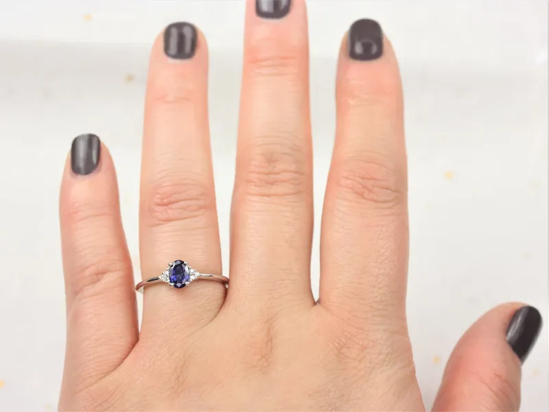 Juniper 6x4mm 14kt Gold Blue Sapphire Diamonds Dainty Oval Cluster Ring vy 2