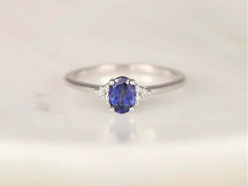 Juniper 6x4mm 14kt Gold Blue Sapphire Diamonds Dainty Oval Cluster Ring vy 3