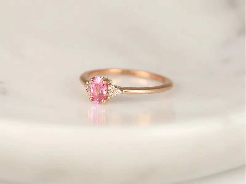 Ready to Ship Juniper 6x4mm 14kt Rose Gold Pink Sapphire Diamonds Dainty Oval Cluster Ring view 2