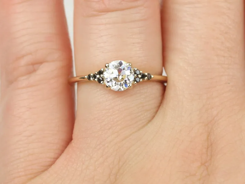 0.70ct Malia 6mm 14kt Gold OEC FB Moissanite Black Diamond Art Deco 3 Stone Cluster Ring view 6