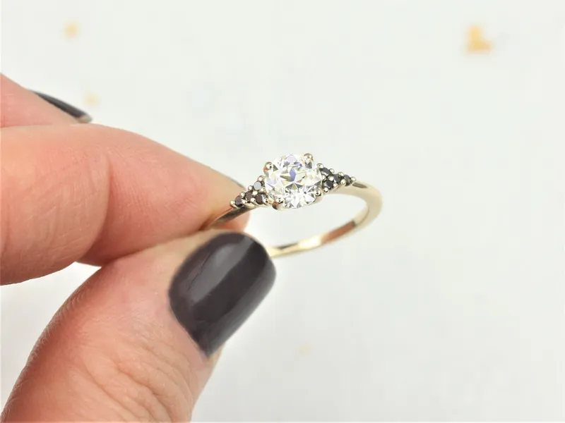 0.70ct Malia 6mm 14kt Gold OEC FB Moissanite Black Diamond Art Deco 3 Stone Cluster Ring view 3