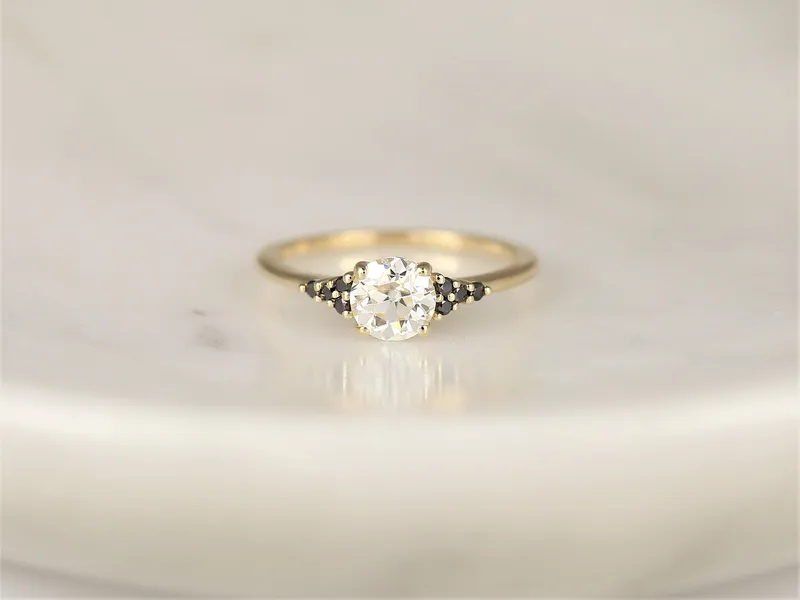 0.70ct Malia 6mm 14kt Gold OEC FB Moissanite Black Diamond Art Deco 3 Stone Cluster Ring view 4