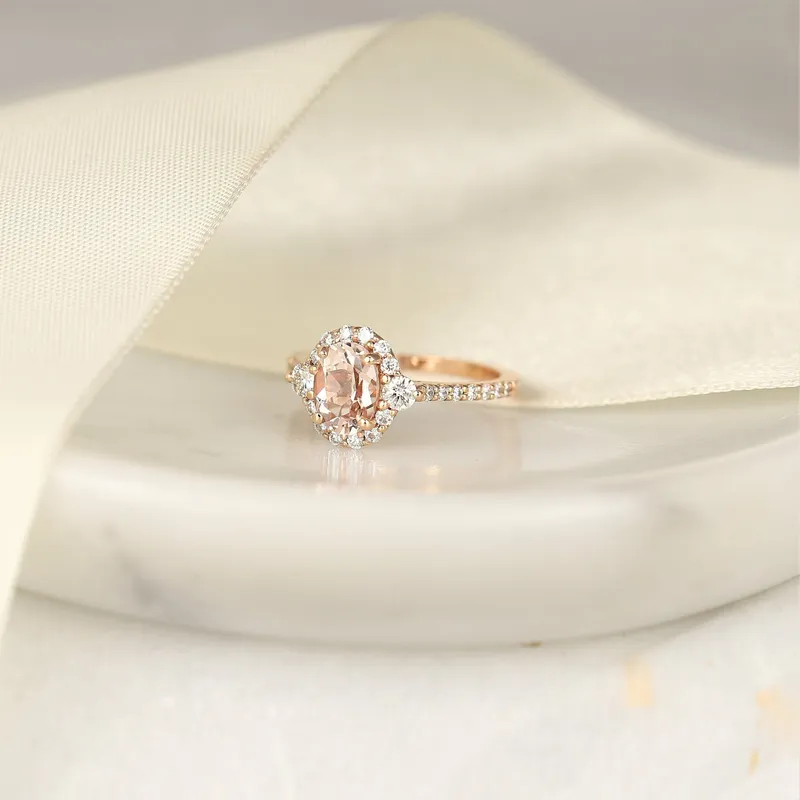 Bridgette 8x6mm 14kt Morganite Diamonds Dainty Unique Oval Halo Ring vy 2