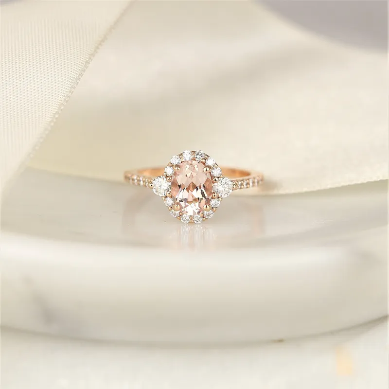 Bridgette 8x6mm 14kt Morganite Diamonds Dainty Unique Oval Halo Ring vy 3