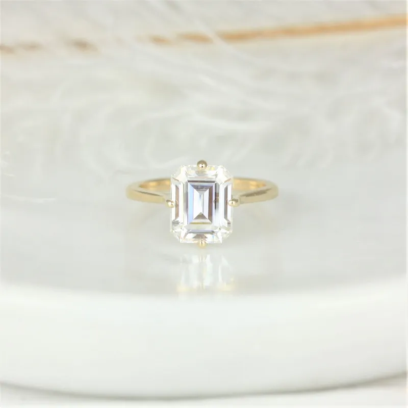 3.90cts Extra Low Roux 10x8mm 14kt Gold Moissanite Compass Set Emerald Solitaire Ring emerald emerald cut engagement ring