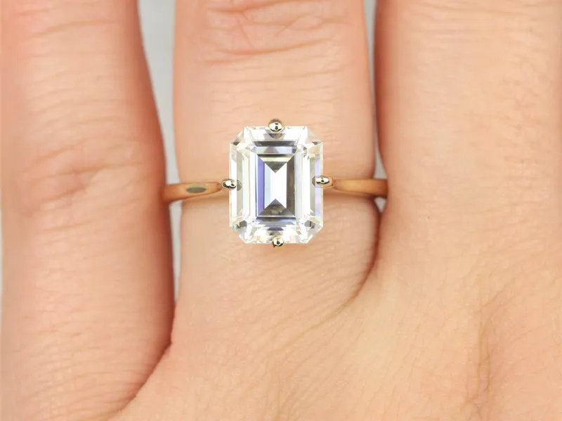 3.90cts Extra Low Roux 10x8mm 14kt Gold Moissanite Compass Set Emerald Solitaire Ring view 6