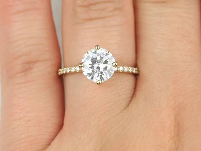 2cts Chelsea 8mm 14kt Gold Moissanite Diamond Compass Set Round Solitaire Ring vy 6