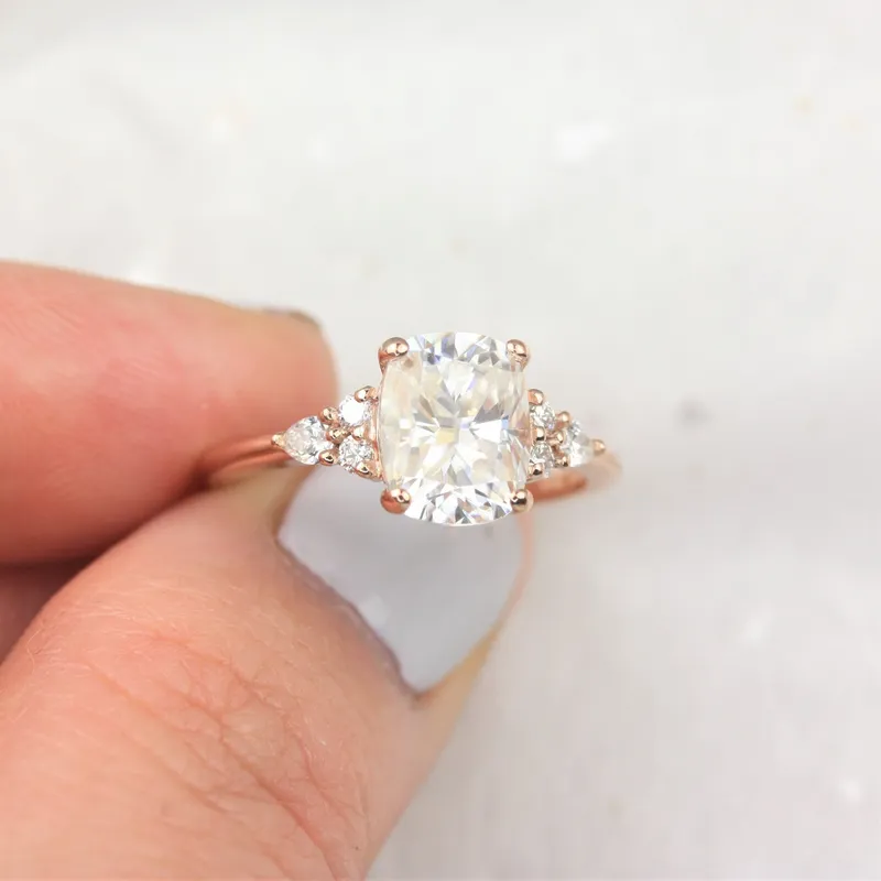 2.30cts Cassie 9x7mm 14kt Gold Moissanite Diamonds Elongated Cushion Cluster Ring vy 4