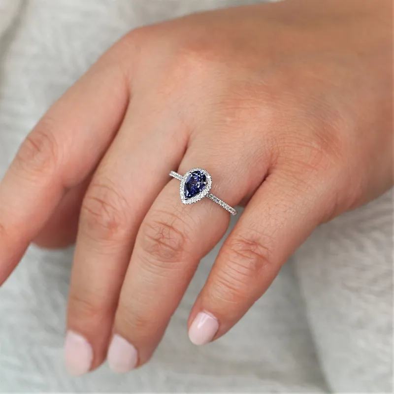 Ready to Ship Tabitha 8x5mm 14kt White Gold Blue Sapphire Diamonds Dainty Pave Pear Halo Engagement Ring view 2