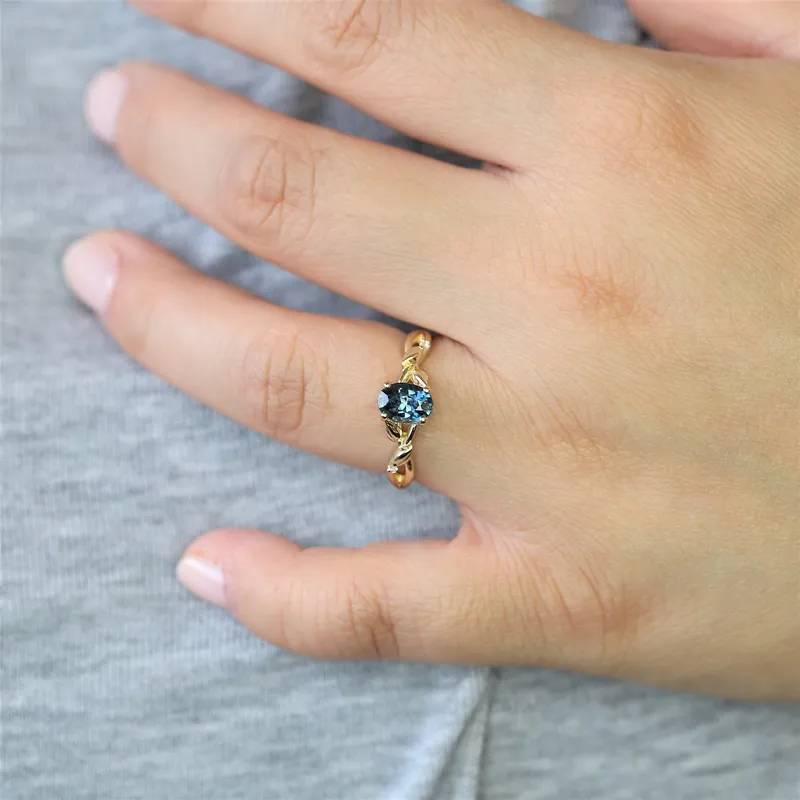 1.30ct Ready to Ship Fern 14kt Gold Deep Ocean Teal Sapphire Diamond Leaf Crossover Oval Solitaire Ring vy 7