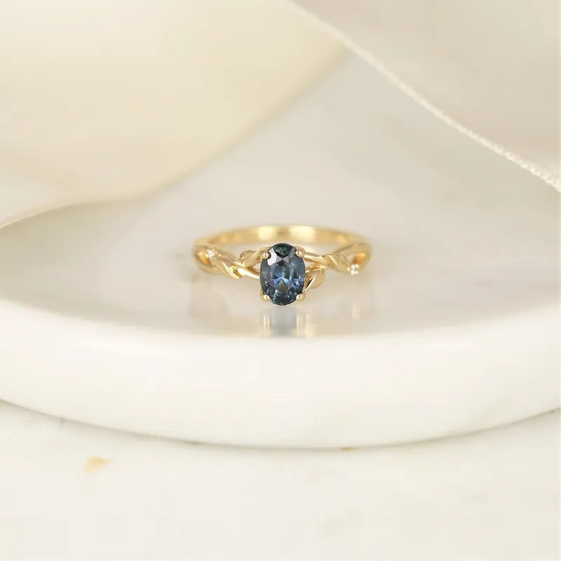 1.30ct Ready to Ship Fern 14kt Gold Deep Ocean Teal Sapphire Diamond Leaf Crossover Oval Solitaire Ring vy 3