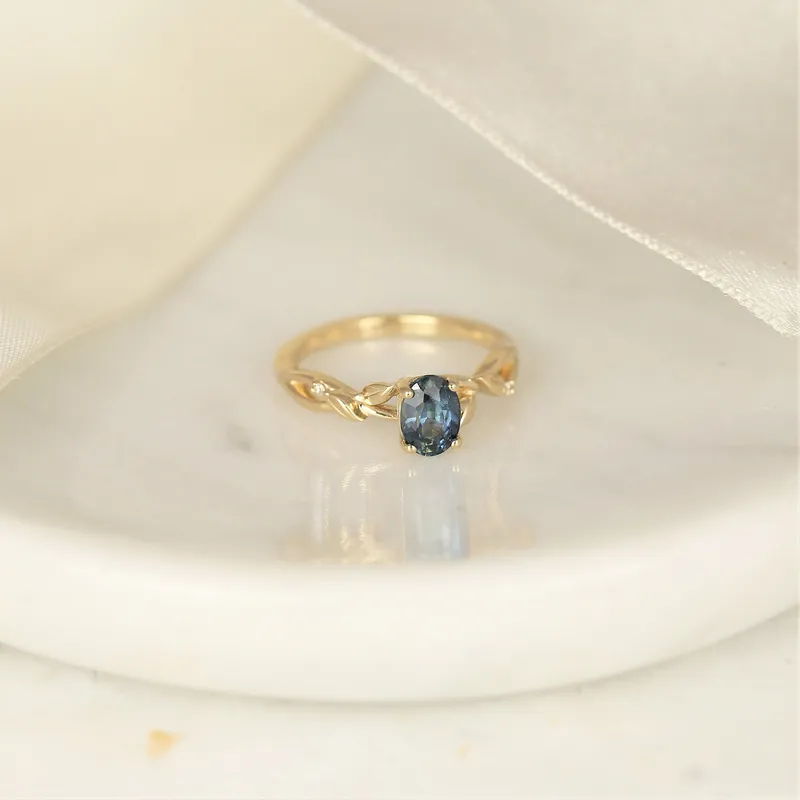 1.30ct Ready to Ship Fern 14kt Gold Deep Ocean Teal Sapphire Diamond Leaf Crossover Oval Solitaire Ring vy 4