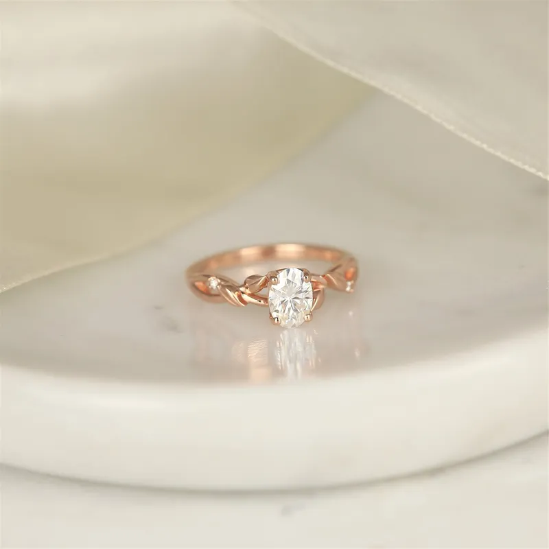 1ct Fern 7x5mm 14kt Rose Gold Moissanite Diamond Leaves Crossover Oval Solitaire Ring view 7