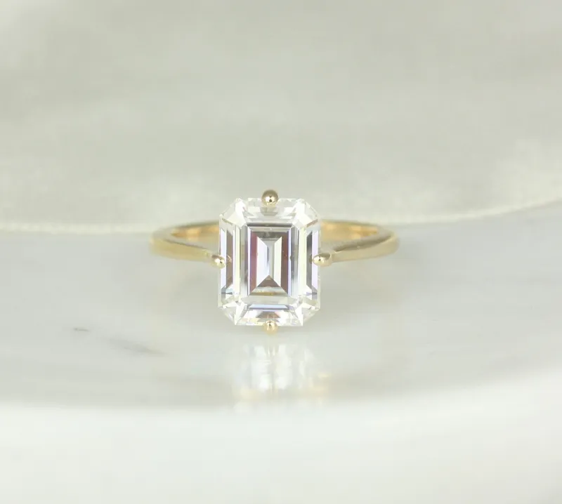 3.90cts Extra Low Roux 10x8mm 14kt Gold Moissanite Compass Set Emerald Solitaire Ring view 3