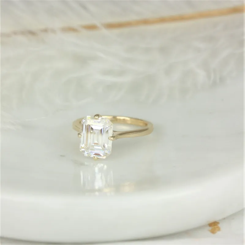 3.90cts Extra Low Roux 10x8mm 14kt Gold Moissanite Compass Set Emerald Solitaire Ring view 4