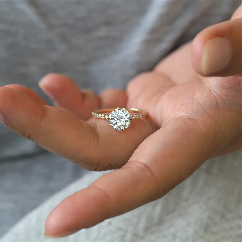 2cts Chelsea 8mm 14kt Gold Moissanite Diamond Compass Set Round Solitaire Ring vy 2
