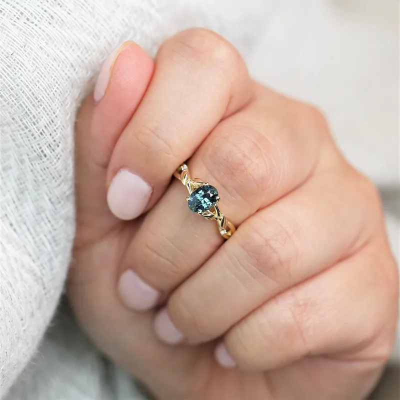 1.30ct Ready to Ship Fern 14kt Gold Deep Ocean Teal Sapphire Diamond Leaf Crossover Oval Solitaire Ring diamond oval cut engagement ring