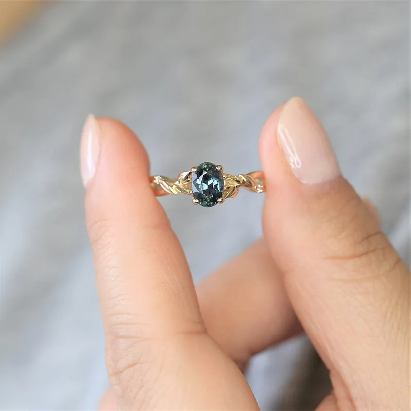 1.30ct Ready to Ship Fern 14kt Gold Deep Ocean Teal Sapphire Diamond Leaf Crossover Oval Solitaire Ring vy 5