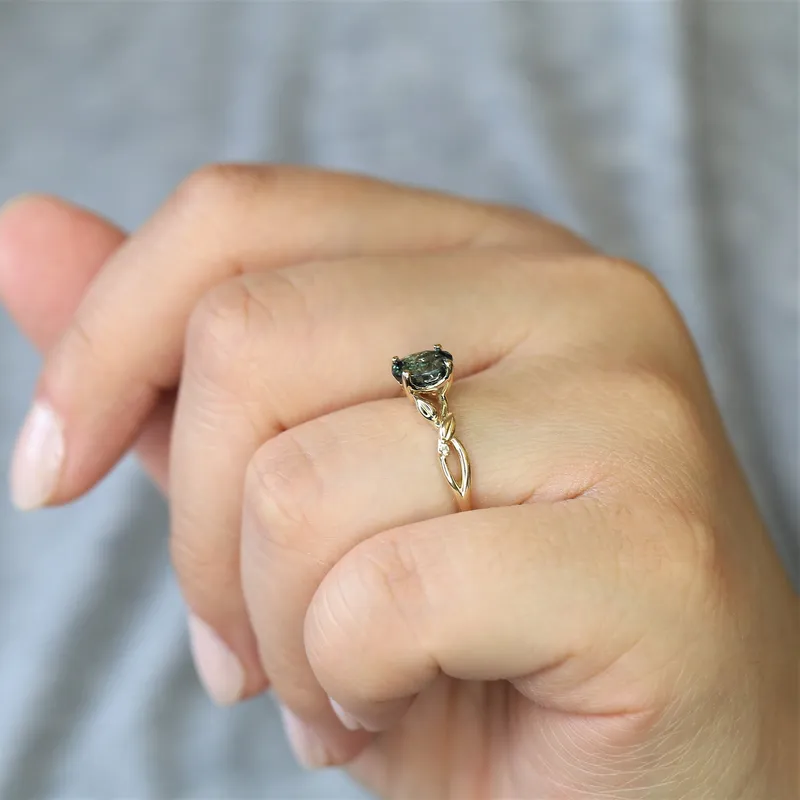 1.30ct Ready to Ship Fern 14kt Gold Deep Ocean Teal Sapphire Diamond Leaf Crossover Oval Solitaire Ring vy 6