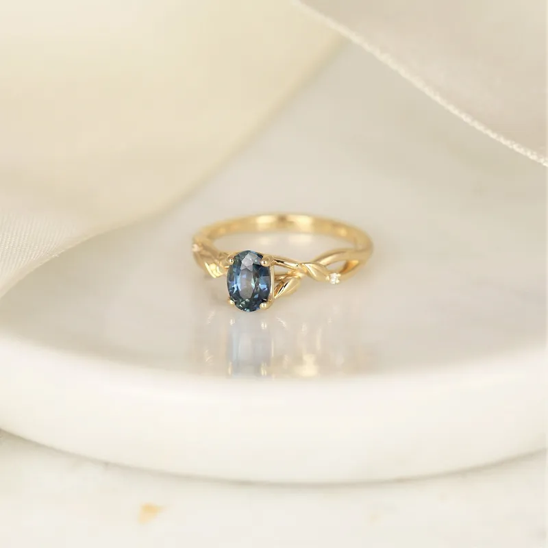 1.30ct Ready to Ship Fern 14kt Gold Deep Ocean Teal Sapphire Diamond Leaf Crossover Oval Solitaire Ring vy 2