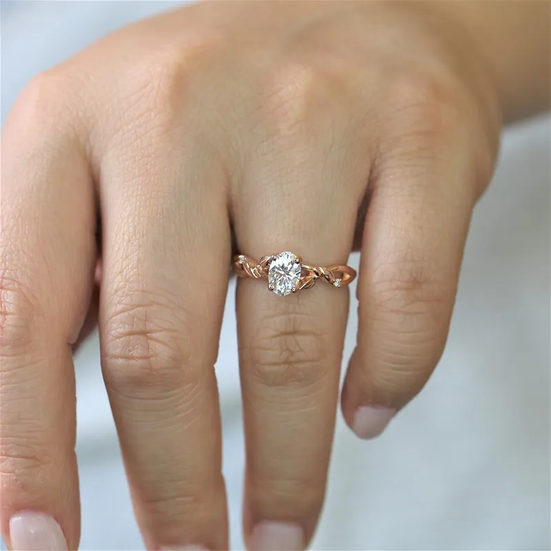 1ct Fern 7x5mm 14kt Rose Gold Moissanite Diamond Leaves Crossover Oval Solitaire Ring view 4