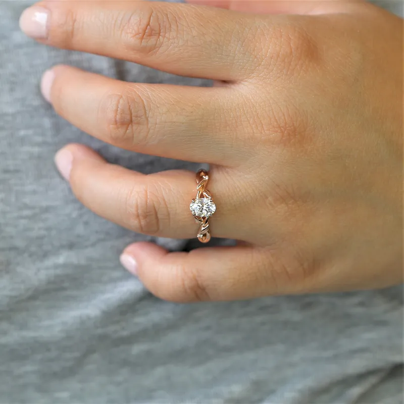 1ct Fern 7x5mm 14kt Rose Gold Moissanite Diamond Leaves Crossover Oval Solitaire Ring view 2