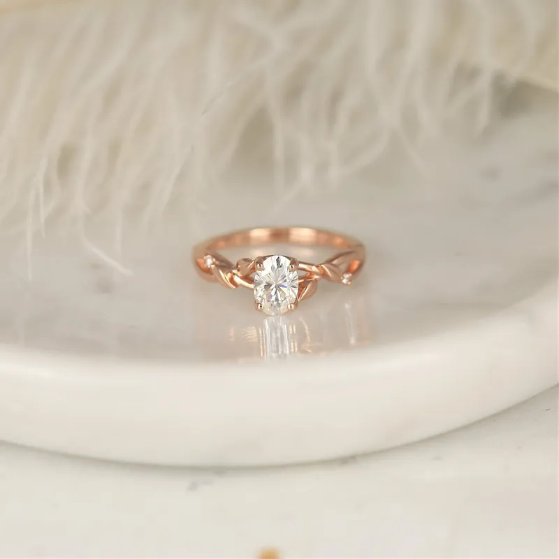 1ct Fern 7x5mm 14kt Rose Gold Moissanite Diamond Leaves Crossover Oval Solitaire Ring view 6