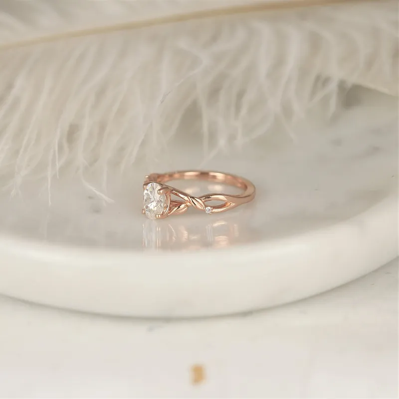 1ct Fern 7x5mm 14kt Rose Gold Moissanite Diamond Leaves Crossover Oval Solitaire Ring view 5