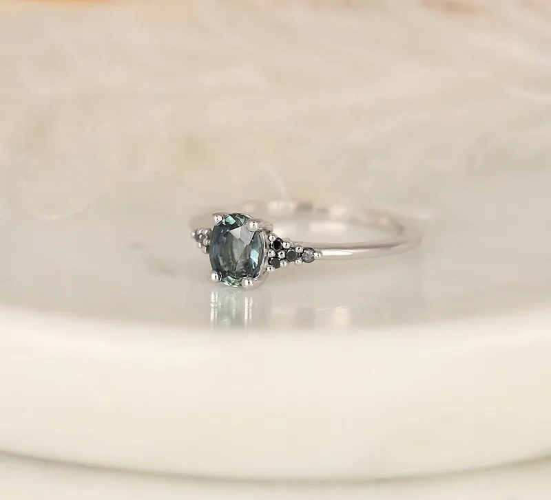 0.94ct Ready to Ship Maddy 14kt White Gold Teal Chrome Sapphire Black Diamond Oval Cluster Ring view 2