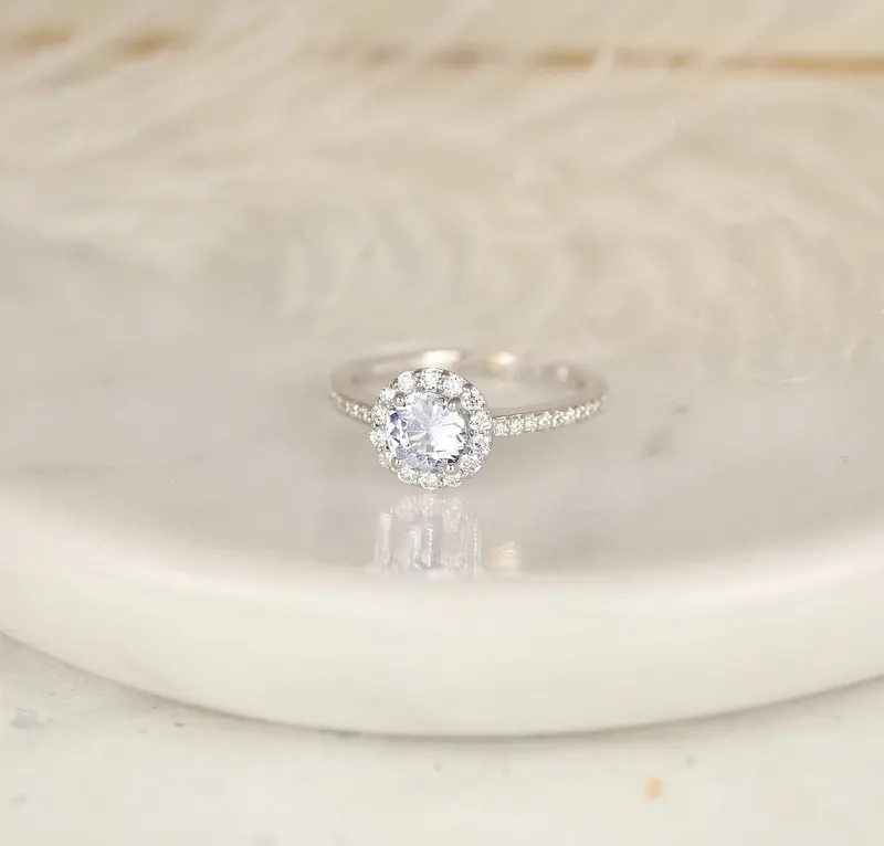 0.80ct Ready to Ship Marisol 14kt White Gold Icy Blue Sapphire Diamond Open Gallery Round Halo Ring vy 6