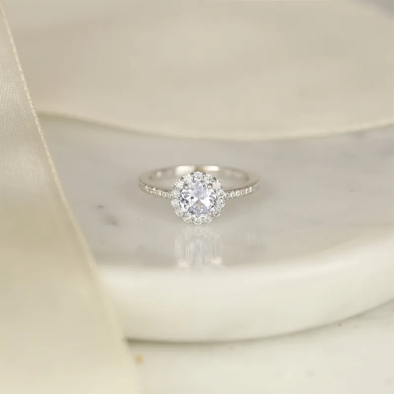 0.80ct Ready to Ship Marisol 14kt White Gold Icy Blue Sapphire Diamond Open Gallery Round Halo Ring vy 3