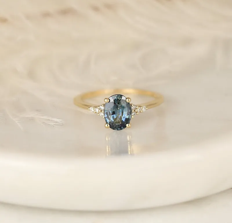 1.49ct Ready to Ship Maddy 14kt Gold Ocean Teal Sapphire Diamond Oval Cluster Ring blue diamond oval cut engagement ring