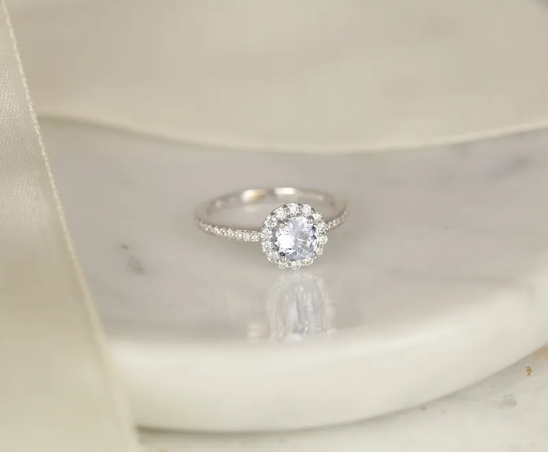 0.80ct Ready to Ship Marisol 14kt White Gold Icy Blue Sapphire Diamond Open Gallery Round Halo Ring vy 4