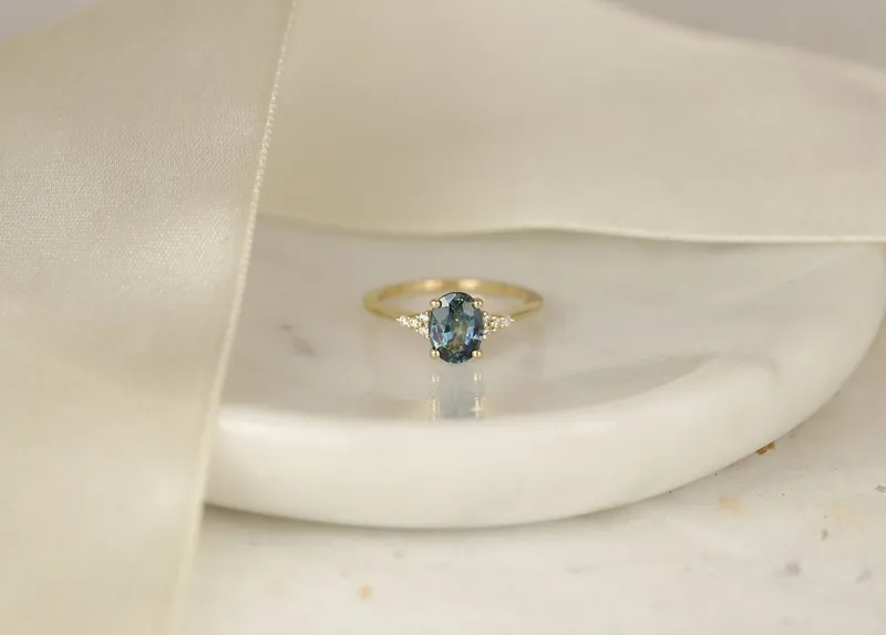 1.49ct Ready to Ship Maddy 14kt Gold Ocean Teal Sapphire Diamond Oval Cluster Ring vy 2