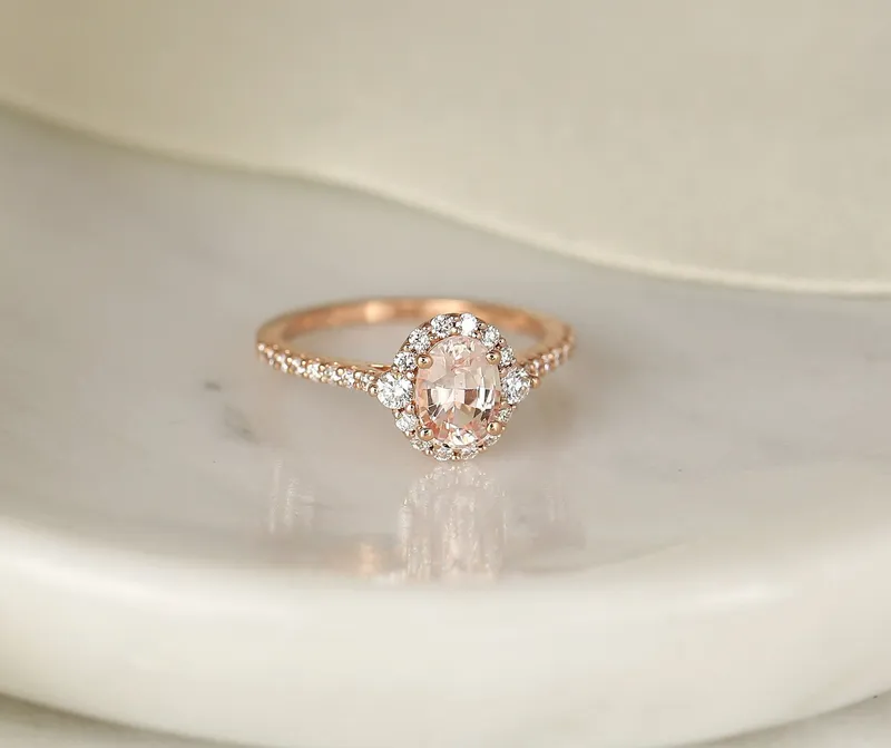 1.29cts Ready to Ship Bridgette 14kt Rose Gold Peach Sapphire Diamond Unique Halo Ring vy 3