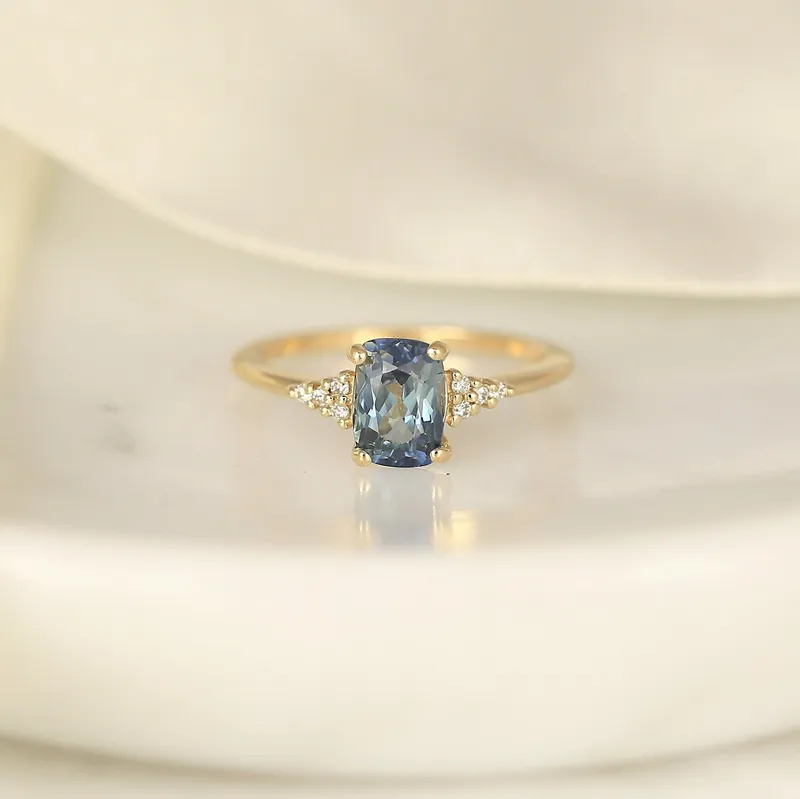 1.64ct Ready to Ship Marlow 14kt Gold Bi-Color Ocean Teal Sapphire Diamond Dainty Elongated Cushion Cluster 3 Stone Ring view 2