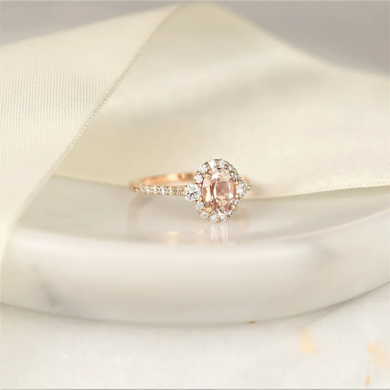Bridgette 8x6mm 14kt Morganite Diamonds Dainty Unique Oval Halo Ring pink oval cut engagement ring